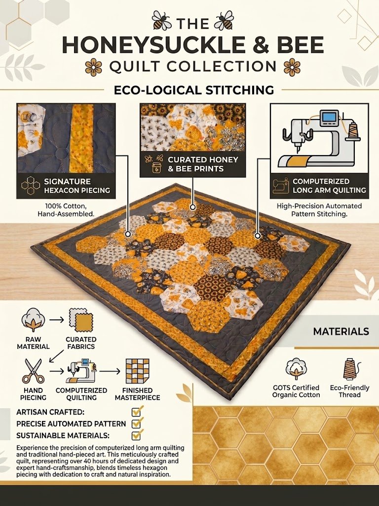 The Honeysuckle and Bee quilt: an isometric view of the hexagon quilt with callouts for signature hexagon piecing, curated honey and bee prints, and computerized long arm quilting