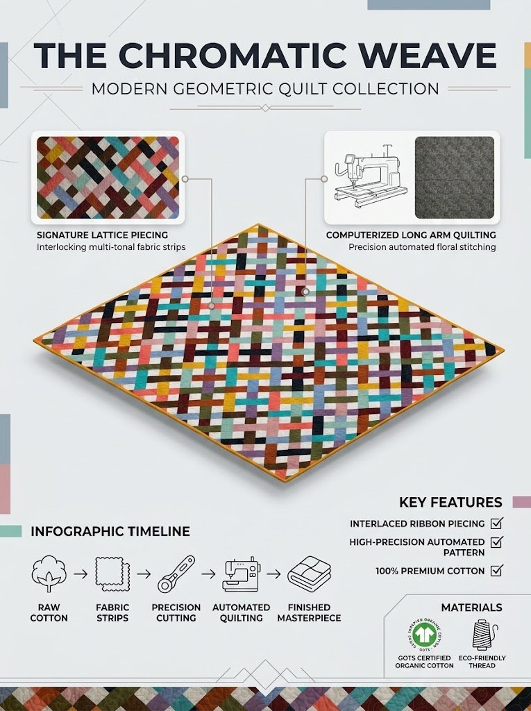 The Chromatic Weave: the woven lattice quilt, with diagonal interlaced strips in many colors