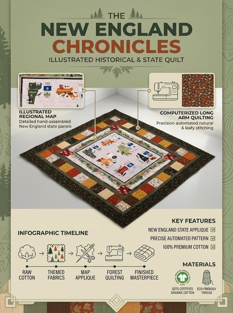 New England Chronicles: the quilt with a printed map panel of the six states at the center