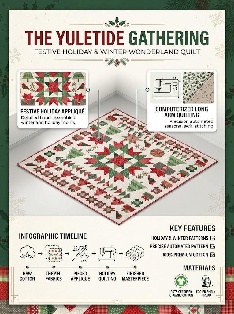 The Yuletide Gathering: the Christmas sampler quilt, with trees, gifts, birds and stars in red and green