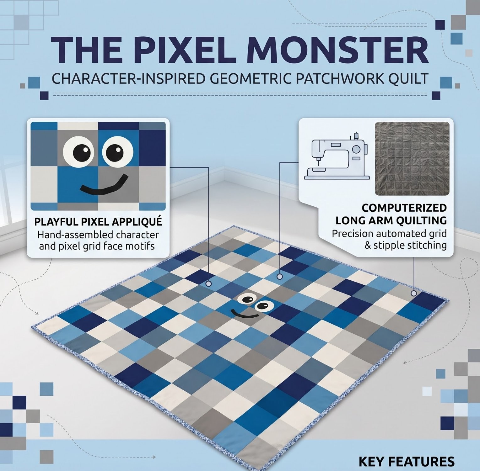 The Pixel Monster: the pixel grid quilt in navy, blue and grey, with a smiling face near the center